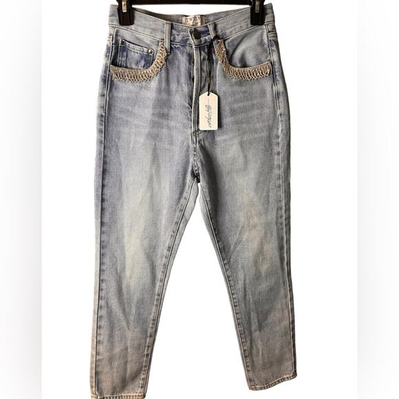 Twelve by On Twelfth Rhinestone Trim Straight Jeans Button Fly Size 25 NWT - Picture 1 of 12
